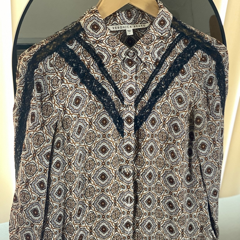 Veronica Beard Navy Lace and Brown Geometric Silk Blouse